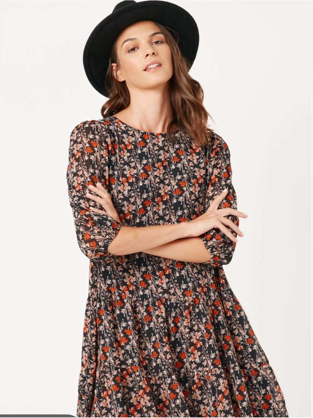 Hayden LA Long Sleeve Botanical Print Chiffon Dress
